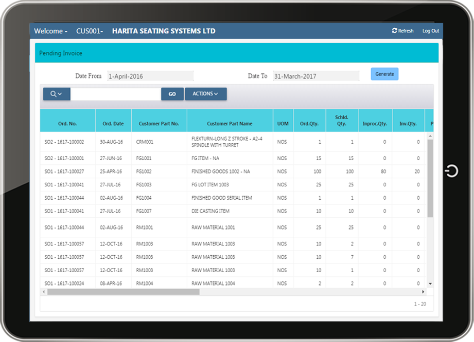sales order pending invoice portal in ERP